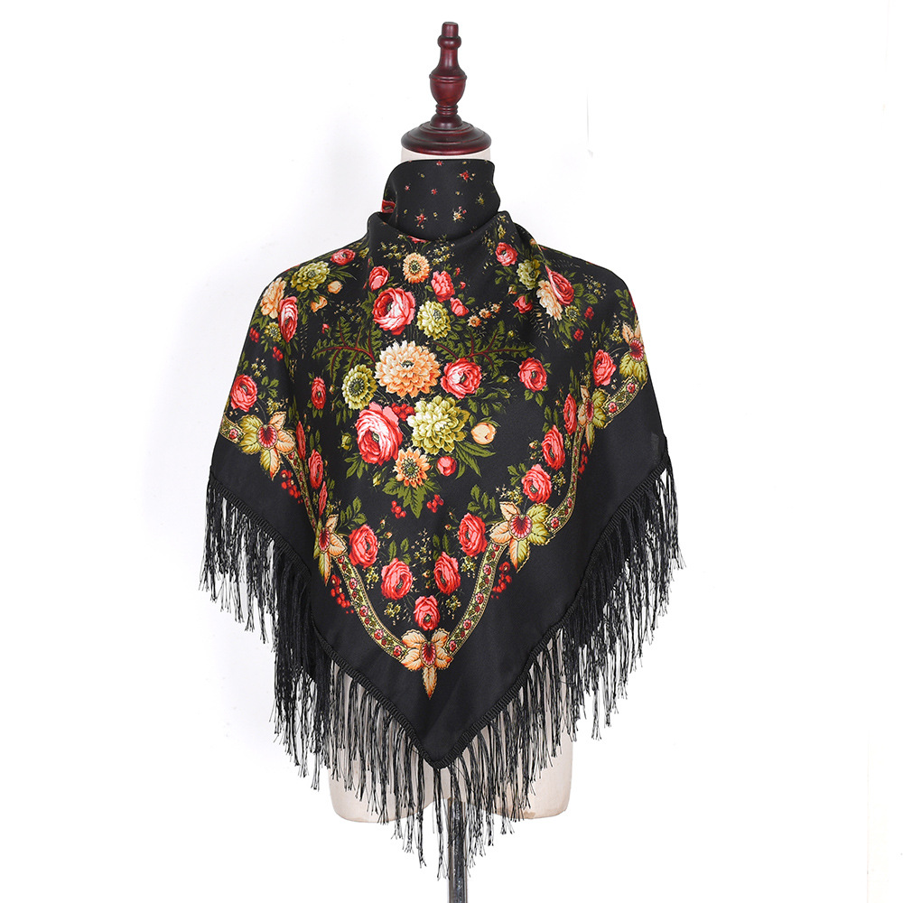Écharpe russe châles femmes frangé carré Bandana foulard musulman Hijab National couverture florale foulards 110x110 cm