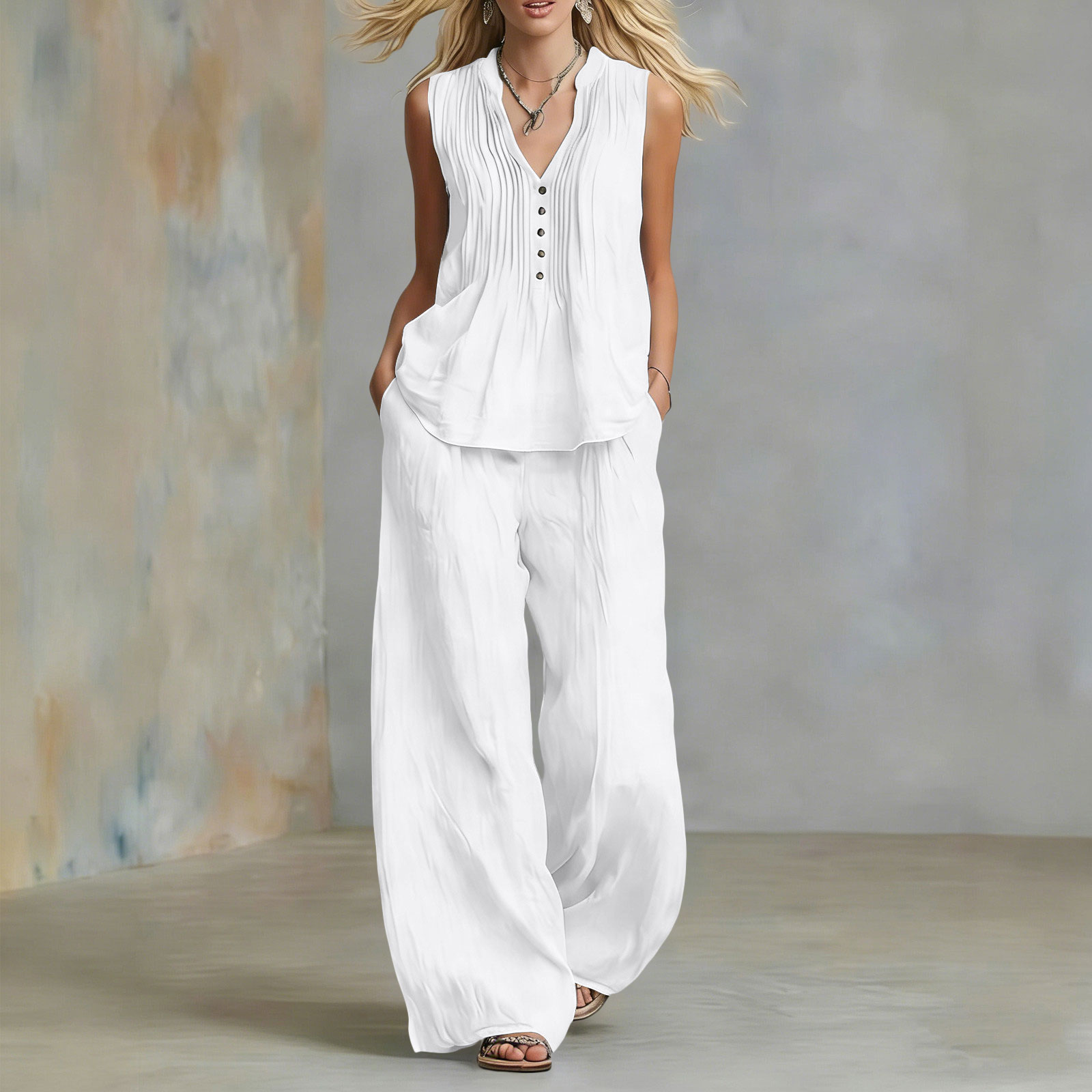 Ensemble deux pièces décontracté pour femme : Gilet sans manches et pantalon long à jambes larges, col en V, couleur unie, pour l'été