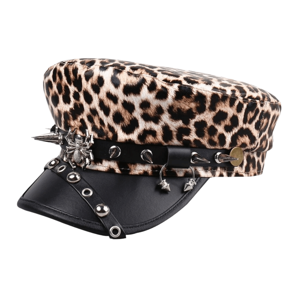 Chapeau léopard rétro hip-hop à rivets, style punk Harajuku Y2k, béret en cuir PU noir à dessus plat pour femmes