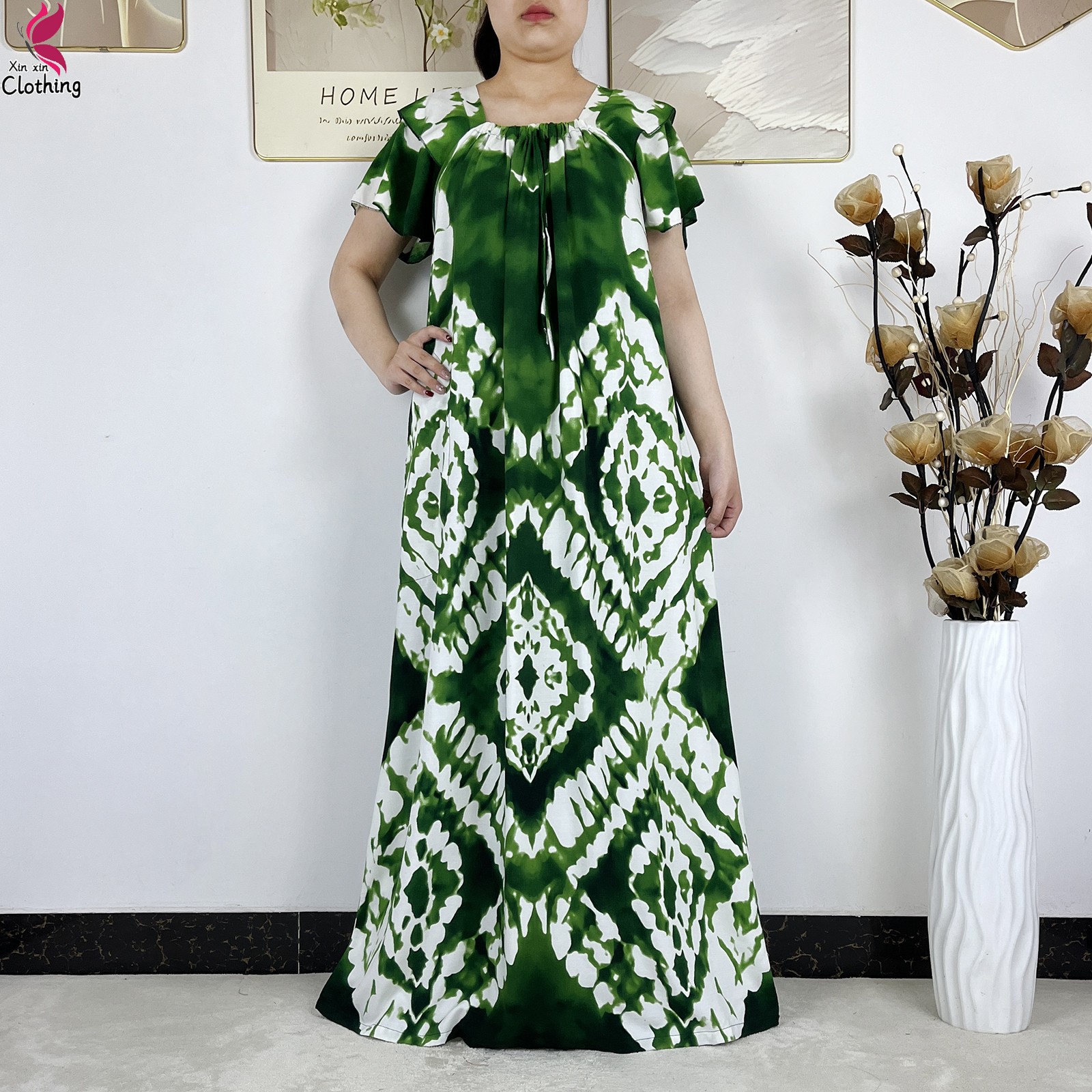 Nouvelle Robe Musulmane Élégante Tie-dye Col Bateau Manches Courtes Coton Femme Abaya Bohème Maxi Robe Décontractée Vêtement Africain Abaya