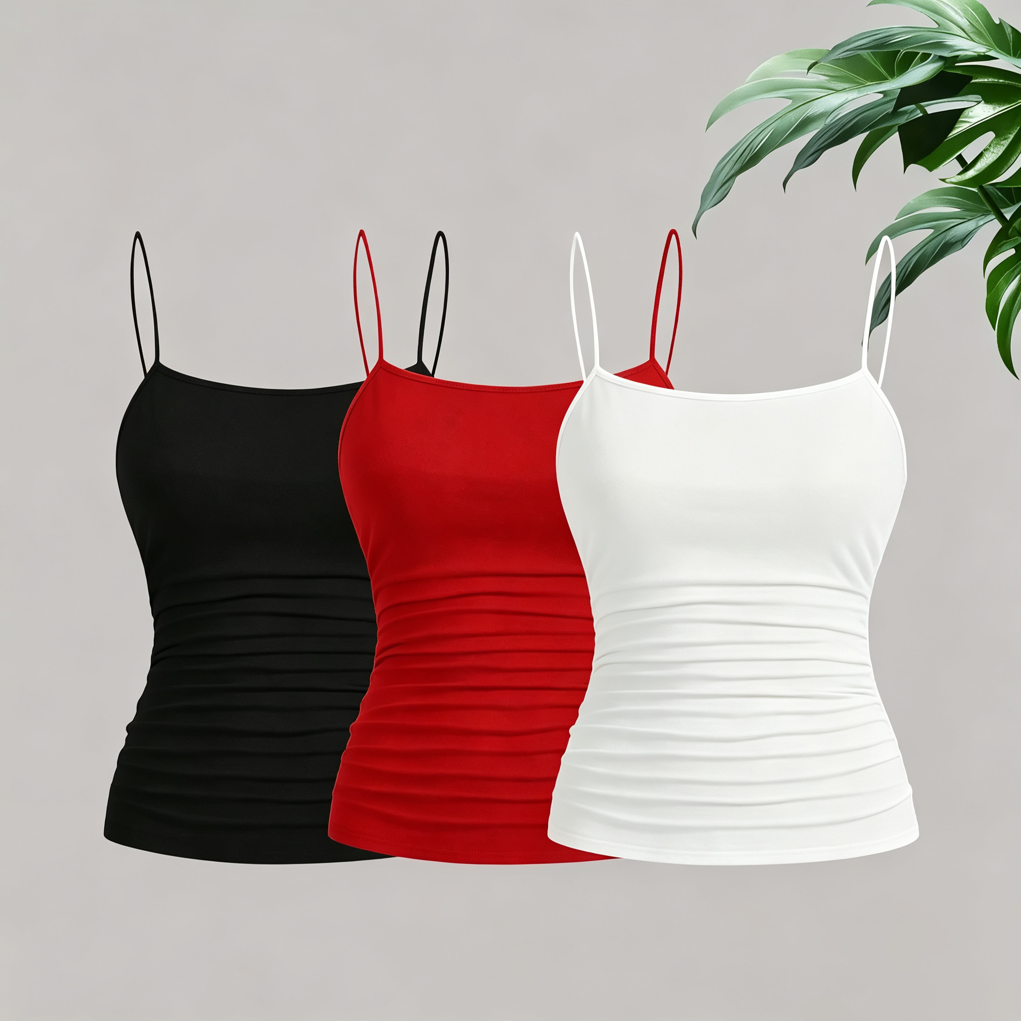 Débardeur Cami Élégant pour Femme à Bretelles Fines et Froncé, Coupe Ajustée, Sans Manches, Extensible et Doux, Style Basique, Mode Estivale, Noir