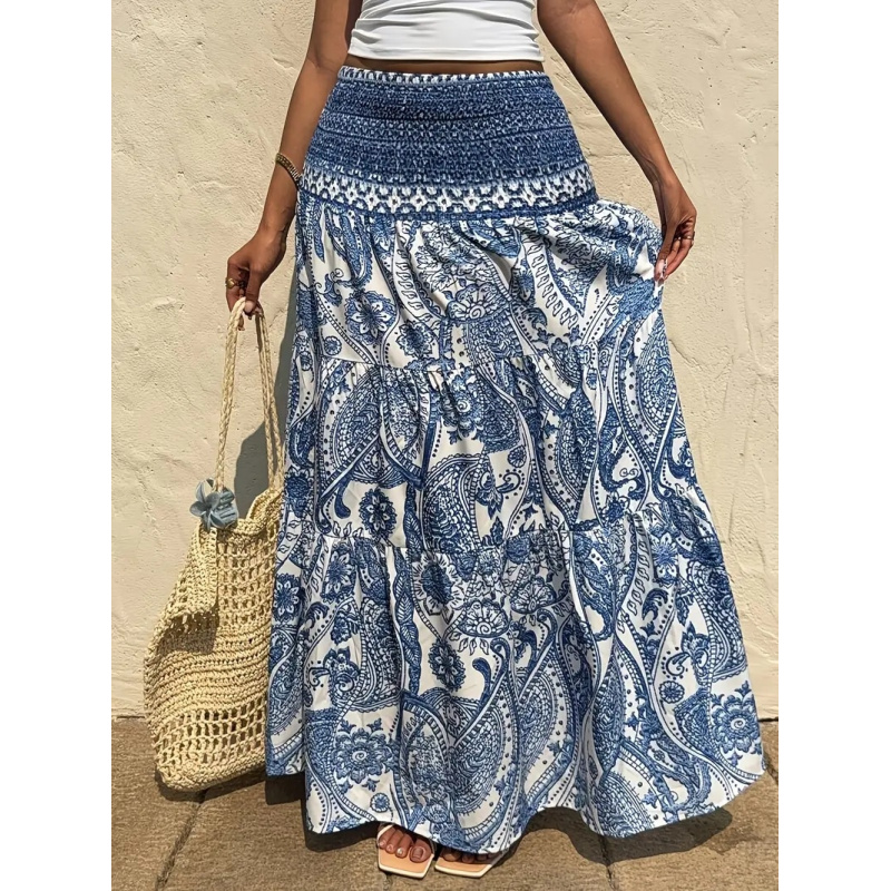Jupe longue maxi pour femme, style bohème, imprimé cachemire, taille haute, froncée, à volants, fluide, décontractée, pour l'été et la plage