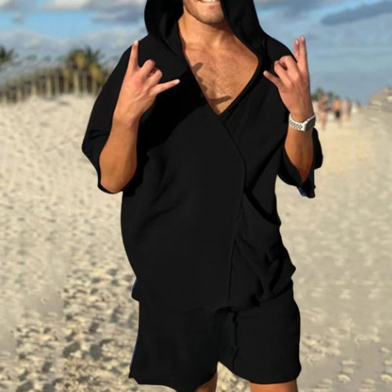Ensemble deux pièces pour hommes, sweat à capuche à manches courtes, T-Shirt et Short à col en v, costumes de maison amples, tenues irrégulières solides pour hommes, vêtements d'été