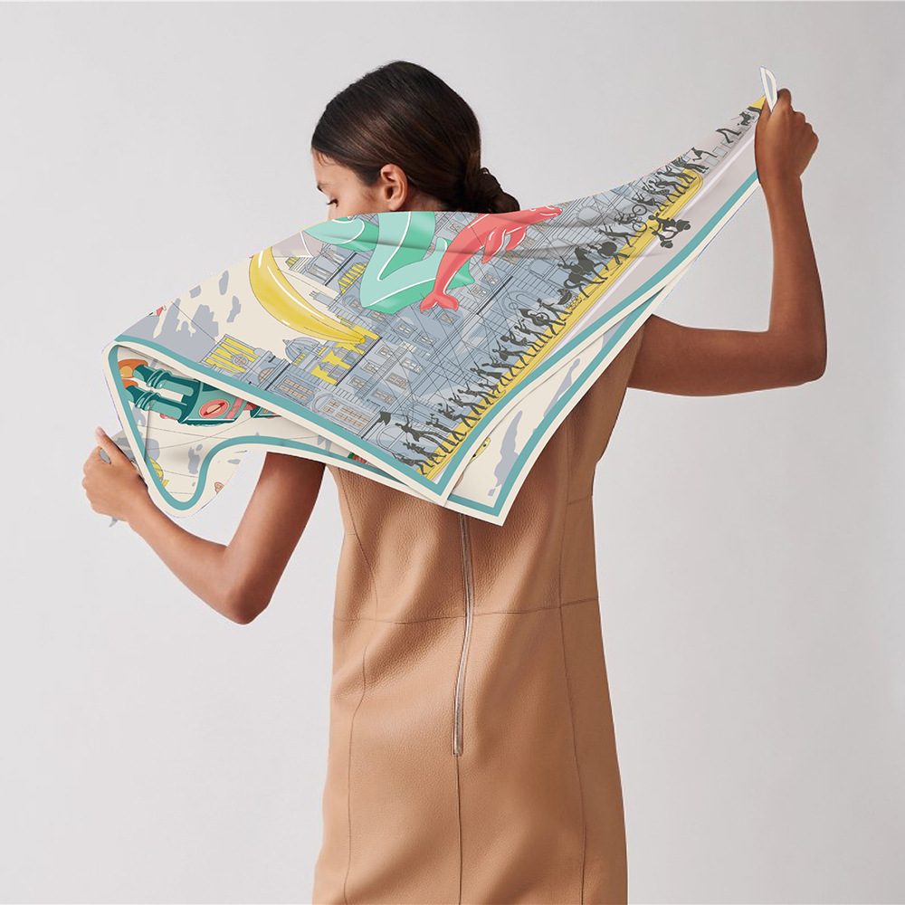 Foulard en soie sergé châle marque de luxe Fubao City Architecture Foulard carré femmes Hijabs Bandana Foulard foulard foulards