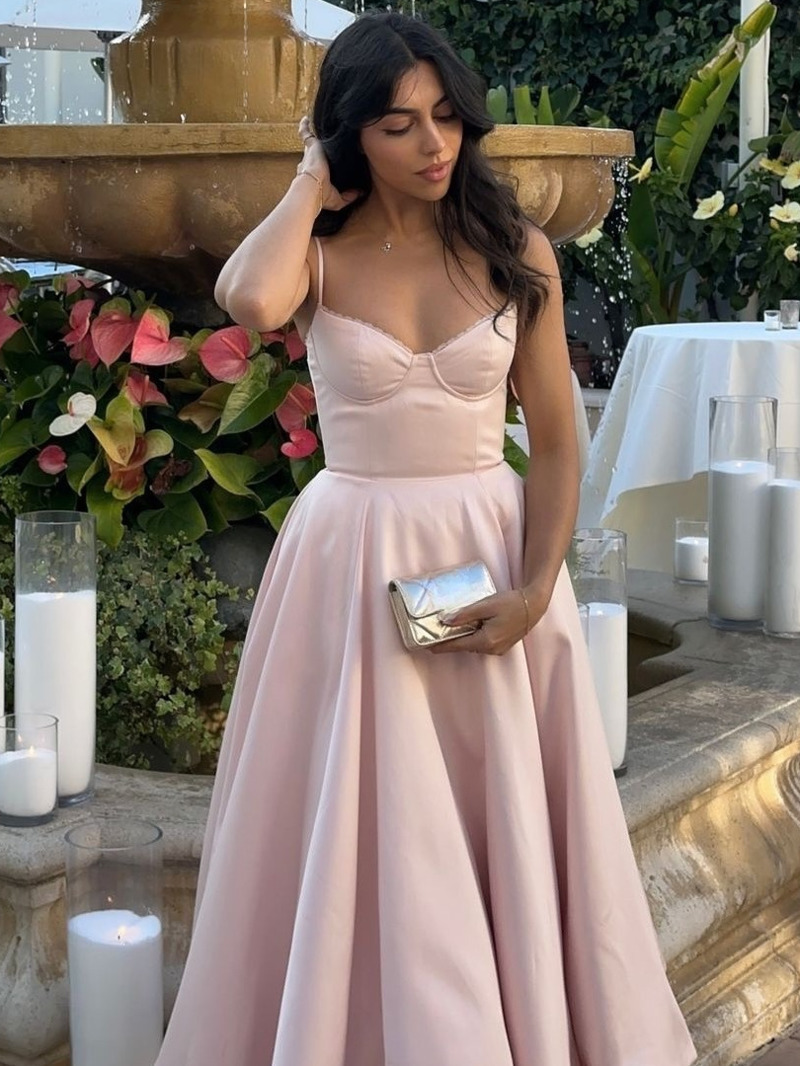 Été Flare robe mi-longue élégante 2025 nouveautés Spaghetti sangle Bustier robe femmes robes doux rose haut pour femme CHP1