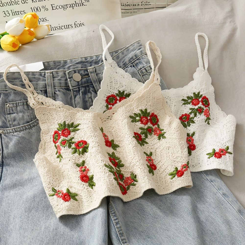 Camisole de plage élastique en fibre fine, broderie style bohème