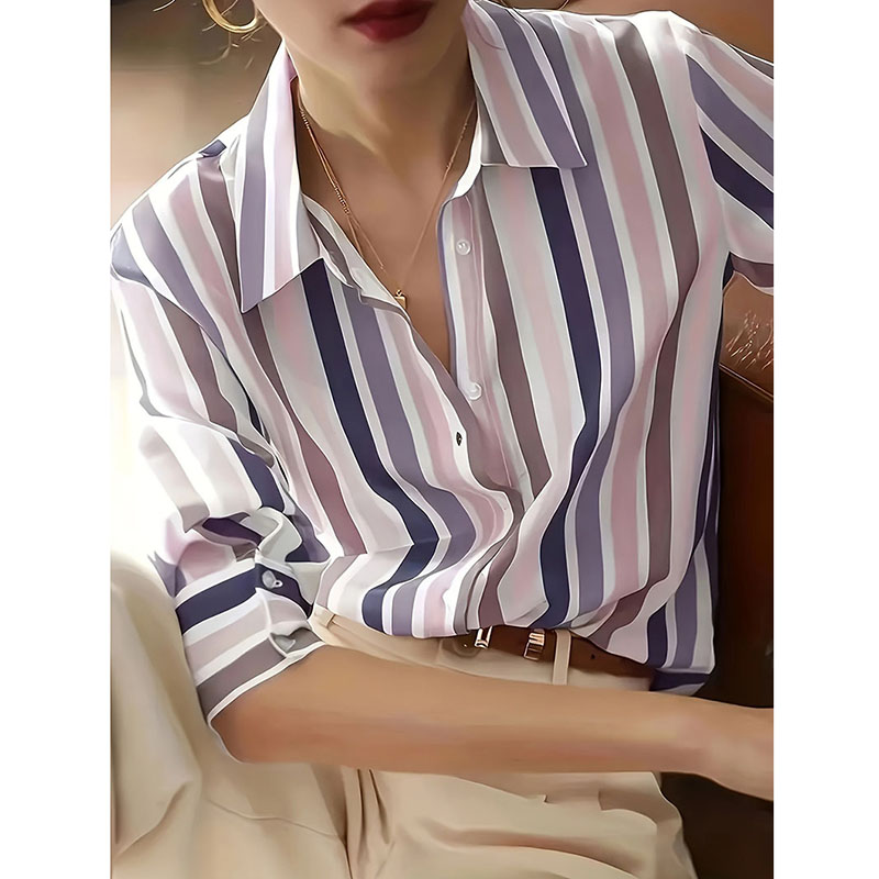 Chemise à col rabattu pour femme, élégante et Chic, tempérament Simple, chemises rayées de couleur contrastée, chemisiers en mousseline de soie à manches longues