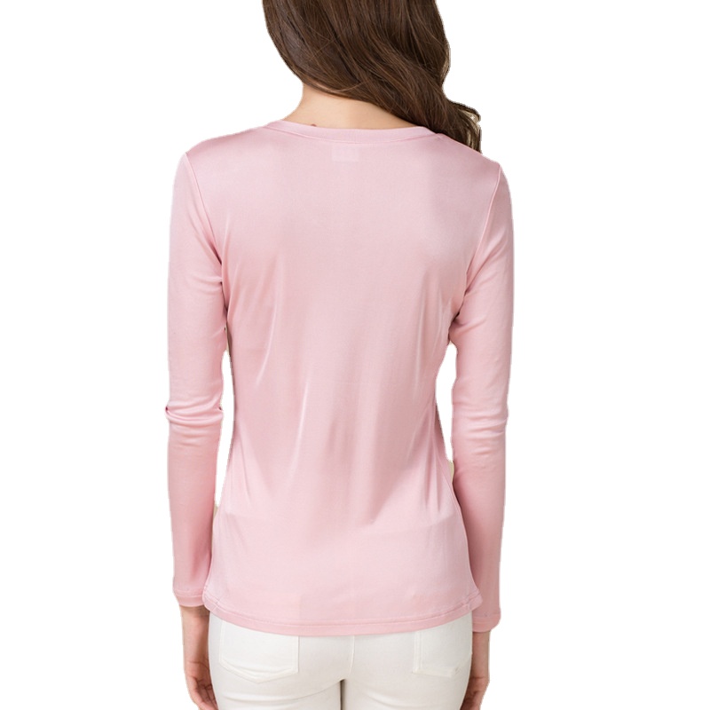 Femmes véritable soie à manches longues T-shirt décontracté tricoté chemises confortable respirant lâche T-shirts hauts T-shirts 61057