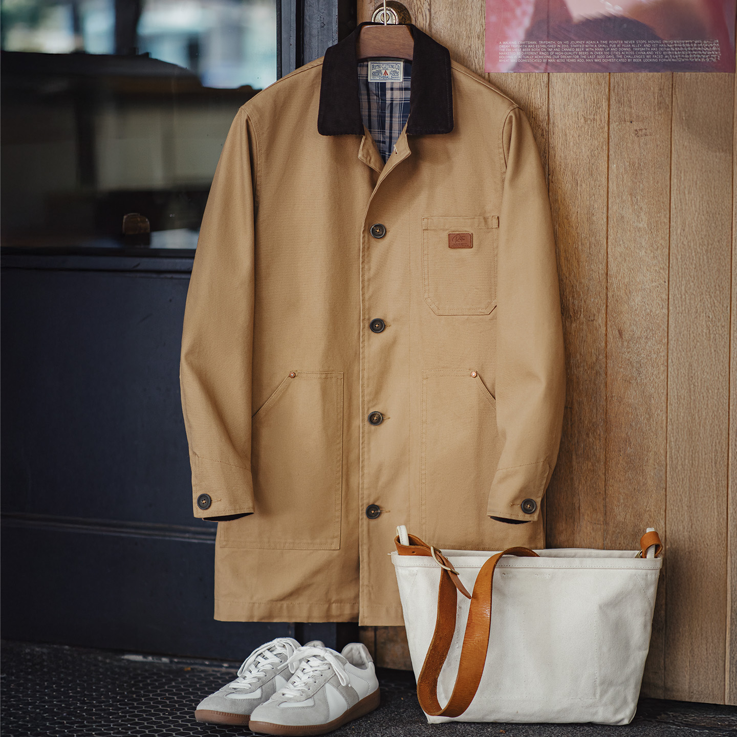Maden femme kaki mi-longue toile veste col velours côtelé vêtements de travail manteau coupe ample rétro automne hiver vêtements d'extérieur