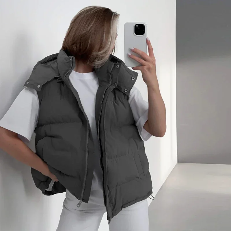 Gilets rembourrés à capuche avec fermeture éclair pour femmes, veste en fibre, gilets, parkas chaudes, manteau, streetwear à la mode, hiver