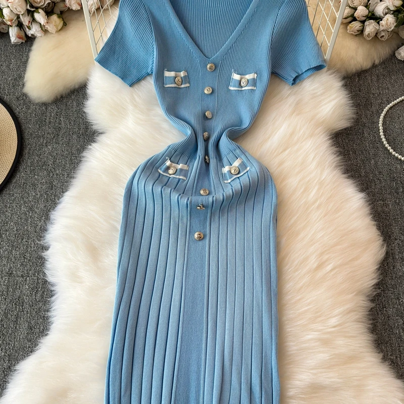 Robe longue élégante pour femmes, col en V, simple boutonnage, manches courtes, tambour, robes con, mode, fête, bureau, dame, éducatif, été