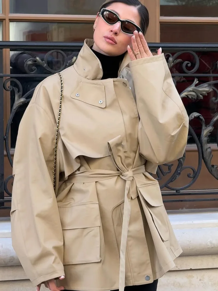 Trench-Coat kaki à simple boutonnage pour femme, élégant, revers, manches longues, poches, coupe-vent, automne, veste de rue quotidienne