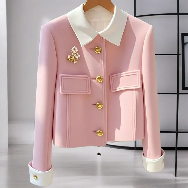 Manteau en laine rembourré rose à simple boutonnage pour femme, à la mode, Unique et il semble bon, automne 2024