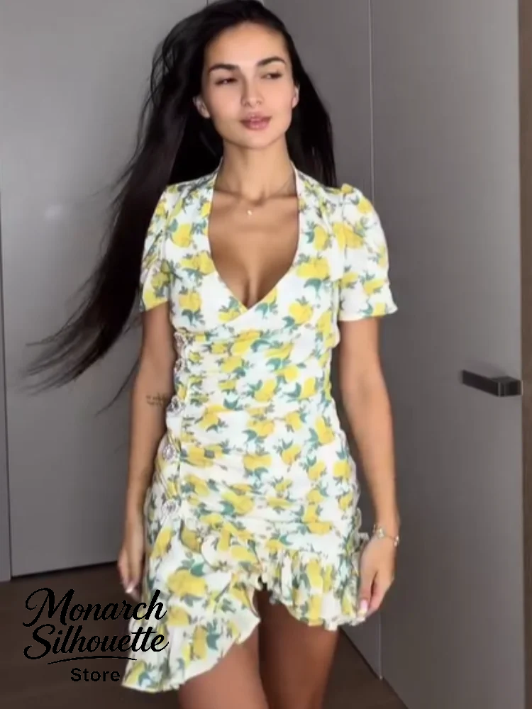 Robe Courte Chic à Volants Imprimés pour Femme, Manches Évasées Patchwork, Col en V, Plissée, Été 2026, Décontractée