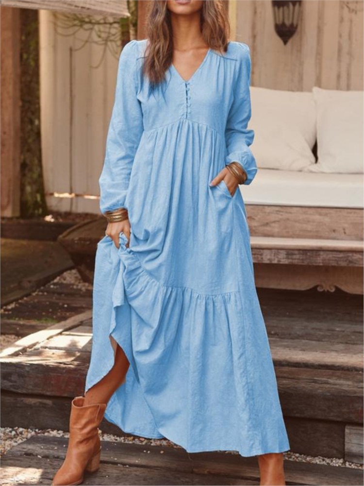 Robe longue en coton et lin pour femmes, Style Vintage, décontractée, col en V, manches longues, ample, Maxi, vêtements élégants pour femmes