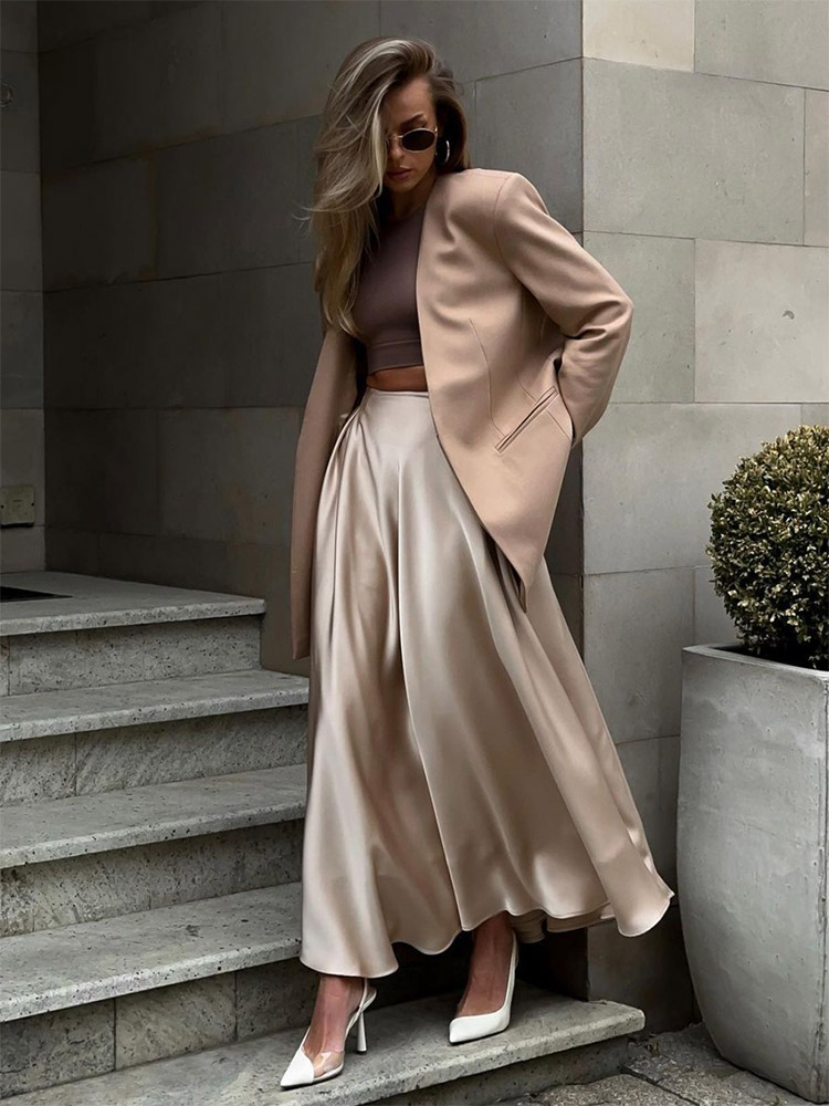 Jupe longue en Satin pour femmes, élégante, ample, taille haute, Maxi, Streetwear, classique, mode féminine, noire, 2025
