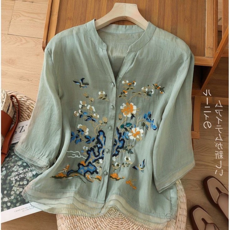 Chemises vintage brodées de luxe pour femmes, vêtements d'été, cardigan décontracté, manteau court, chemisiers à boutons patchwork, tendance