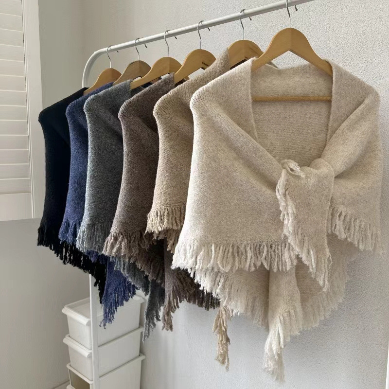 Écharpes chaudes d'hiver en laine mélangée pour femmes, couleur unie, grand châle Triangle de 175cm avec glands