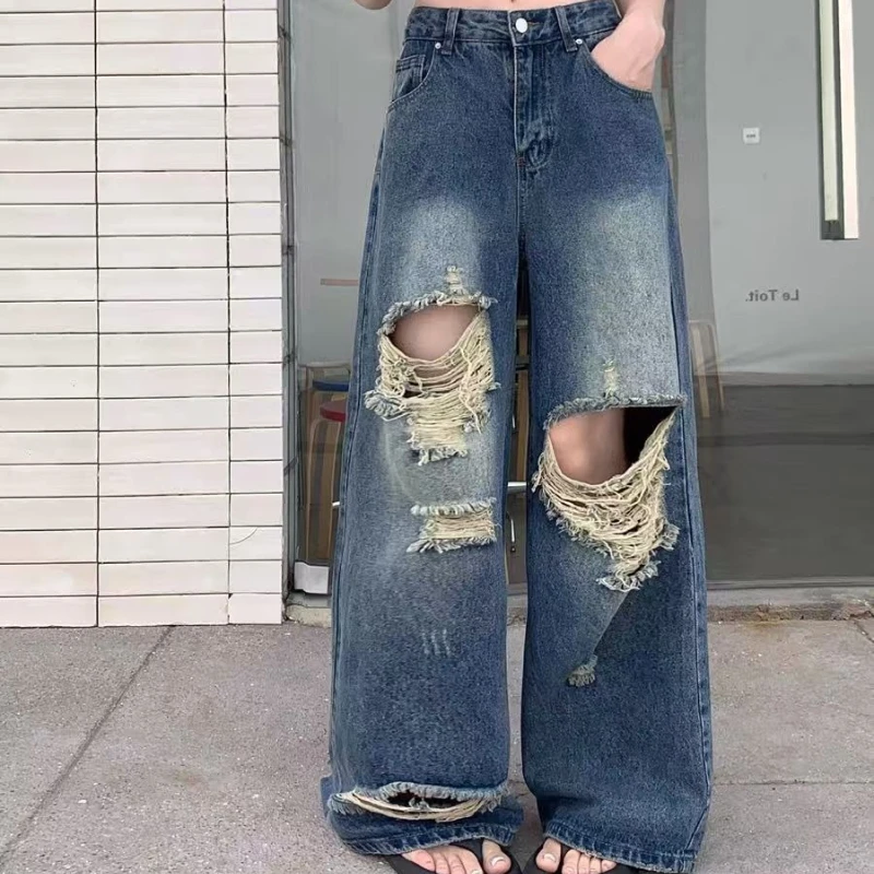 Pantalon en Denim décontracté femmes jean Vintage pantalon droit automne printemps mode femme bleu pantalon à jambes larges trou jean