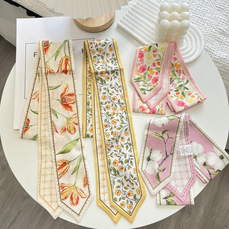 Longue écharpe en soie imprimée de fleurs de haute qualité, bandeau pour cheveux, ruban noué, nœud Long, ruban en Satin Vintage, accessoires pour cheveux pour femmes