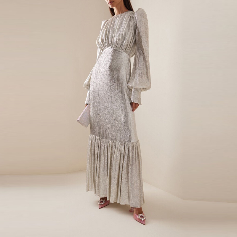 Robe décontractée à manches lanternes, robes de fête, robe plissée à col rond pour femme, robe de soirée élégante à taille haute pour l'été