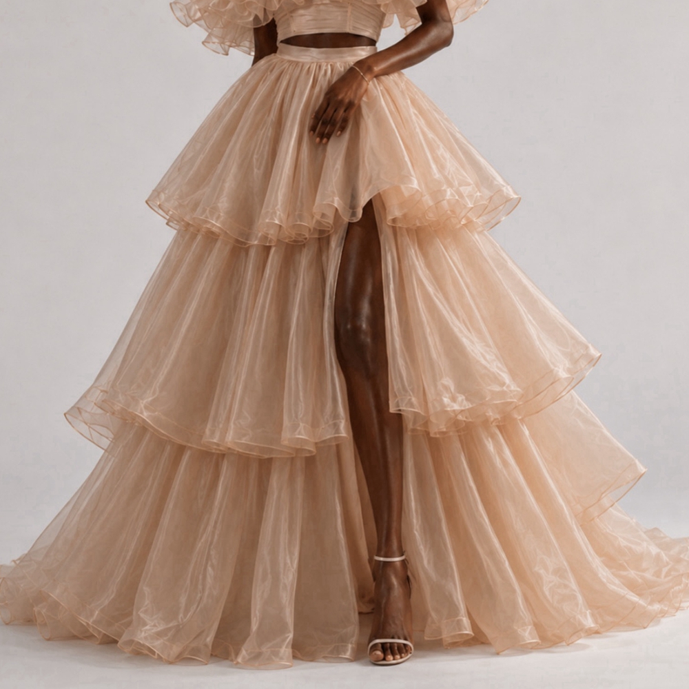 Jupe longue de soirée pour femme en tulle et organza, à volants, coupe bouffante, taille haute, avec fente, élégante et chic, pour l'été