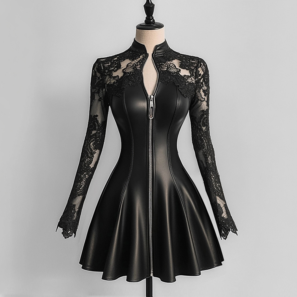 Robe élégante en cuir PU pour femmes, dentelle noire, Patchwork, maille, manches longues, fermeture éclair, moulante, ligne a, Mini robes de soirée Sexy