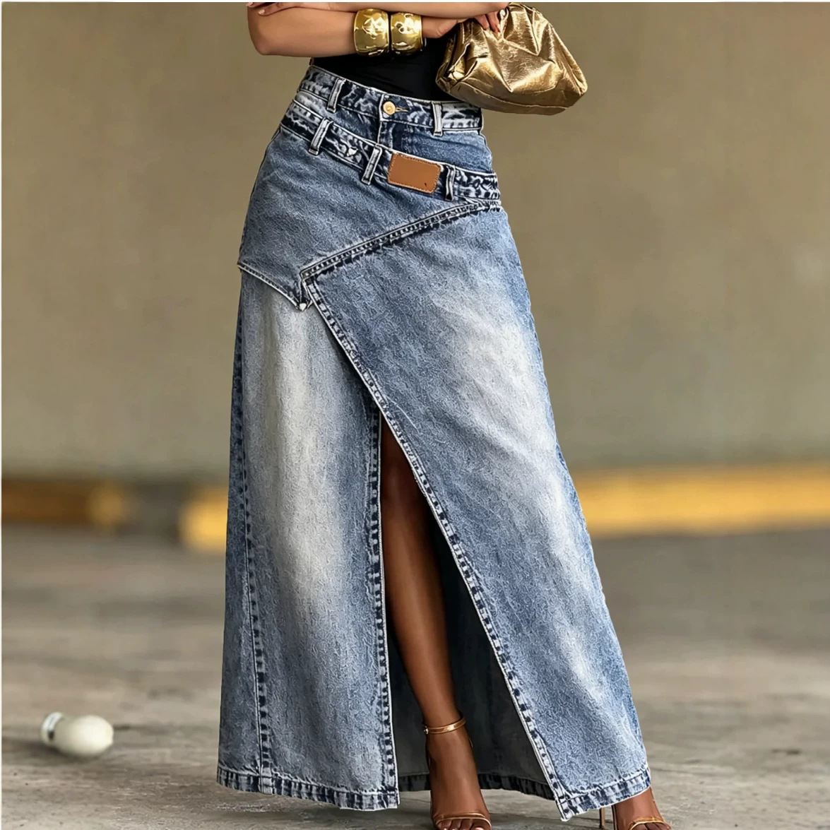 Nouvelle jupe longue en jean taille haute fendue irrégulièrement pour femme, style streetwear décontracté, coupe trapèze, tenue de rue tendance printemps-automne