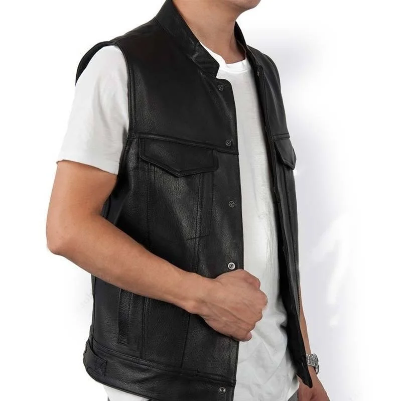 Gilet de mode noir moto Hip Hop gilet mâle Faux cuir Punk solide noir printemps sans manches gilet en cuir