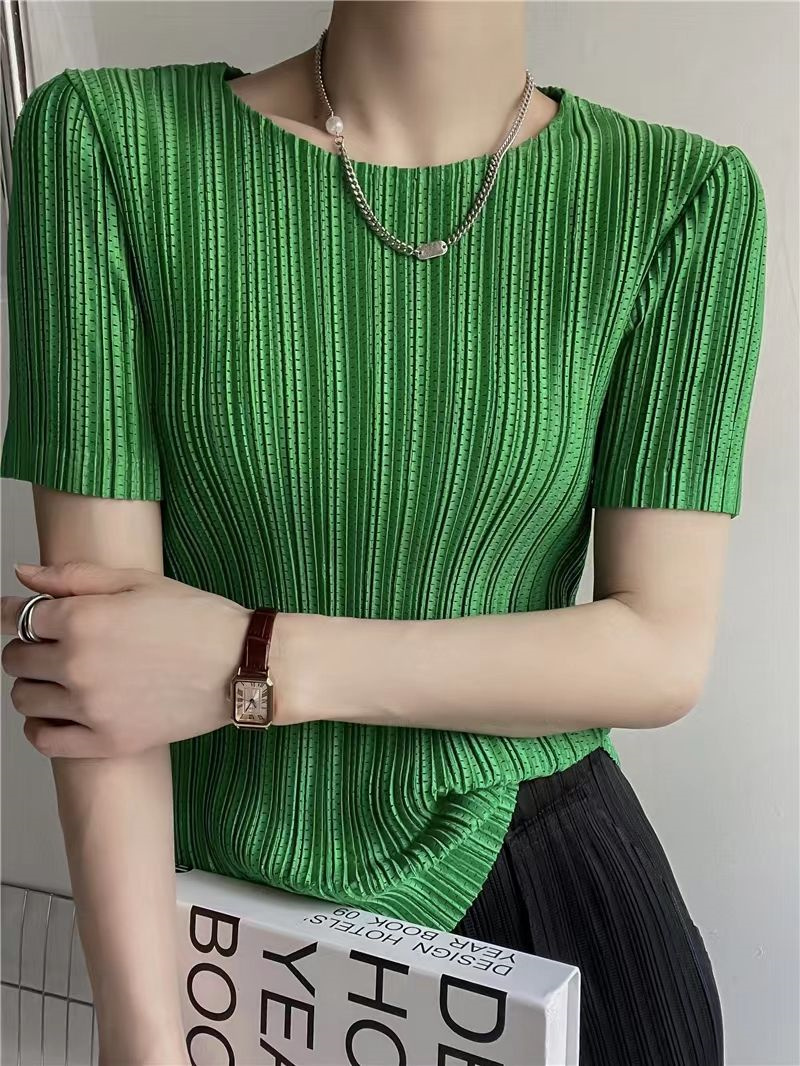 Femme vêtements haut femmes Miyake plissé à manches courtes femme été mince élastique col rond Joker mince plissé creux T-shirt
