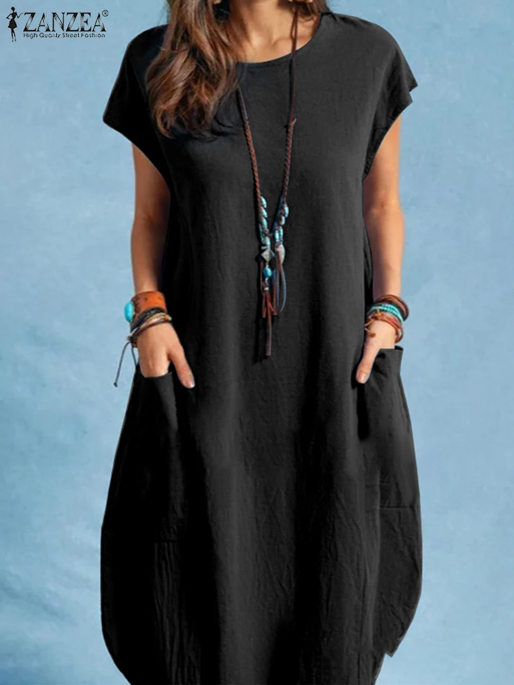2025 ZANZEA mode été Robe d'été femmes solide Robe ample à manches courtes caftan genou longueur Robe décontracté coton travail robes