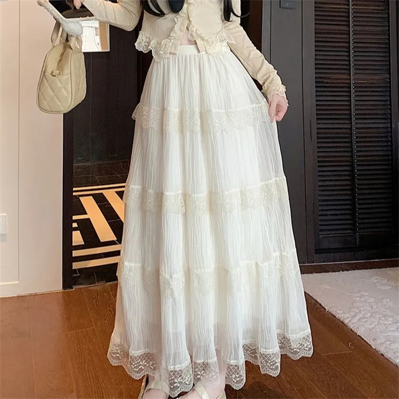 Jupes en mousseline de soie pour femmes, Vintage, taille haute, élastique, Patchwork, blanc, noir, Chic, longue gâteau, jupe trapèze pour étudiantes, printemps été