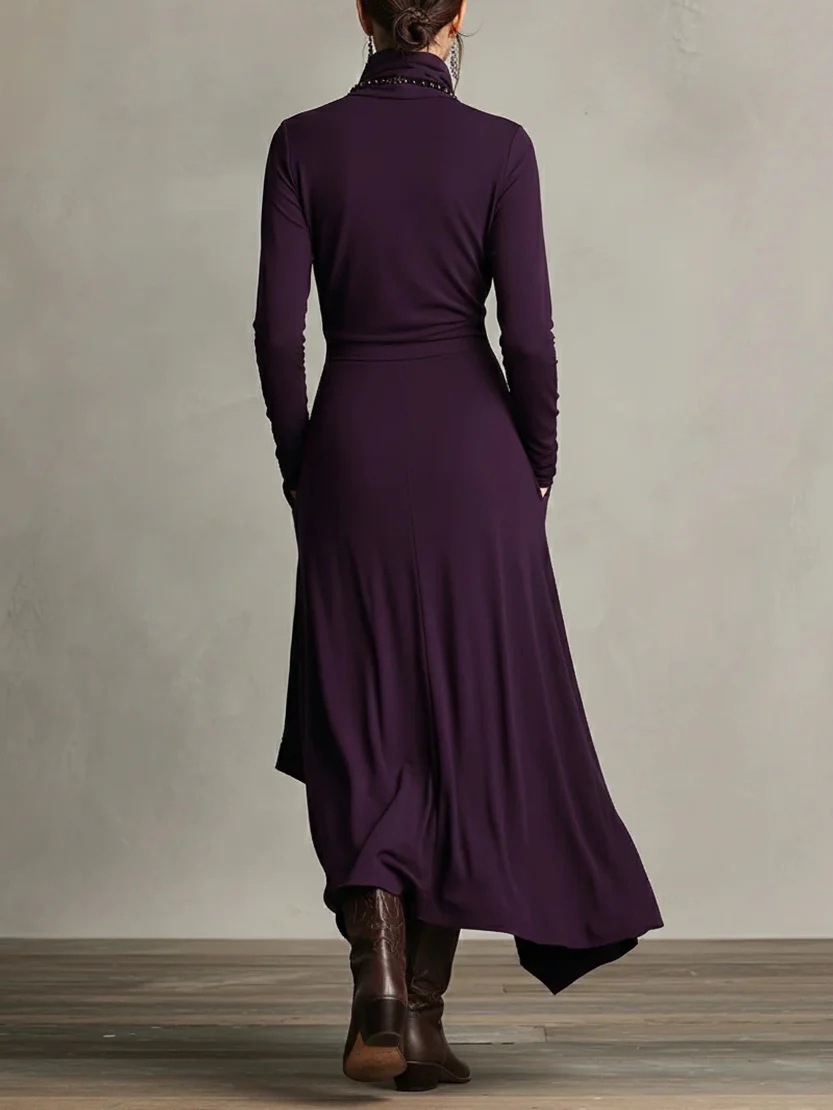 Vêtements d'automne, couleur unie, manches longues, design croisé, col haut, robe une pièce/jupe longue