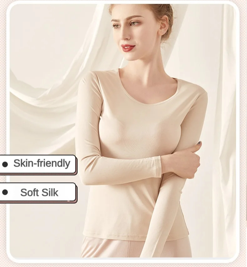 30% soie de mûrier + 70% Vicose élastique haute élasticité femmes soie tricoté col rond coupe ajustée chemise de fond dames maillots de corps