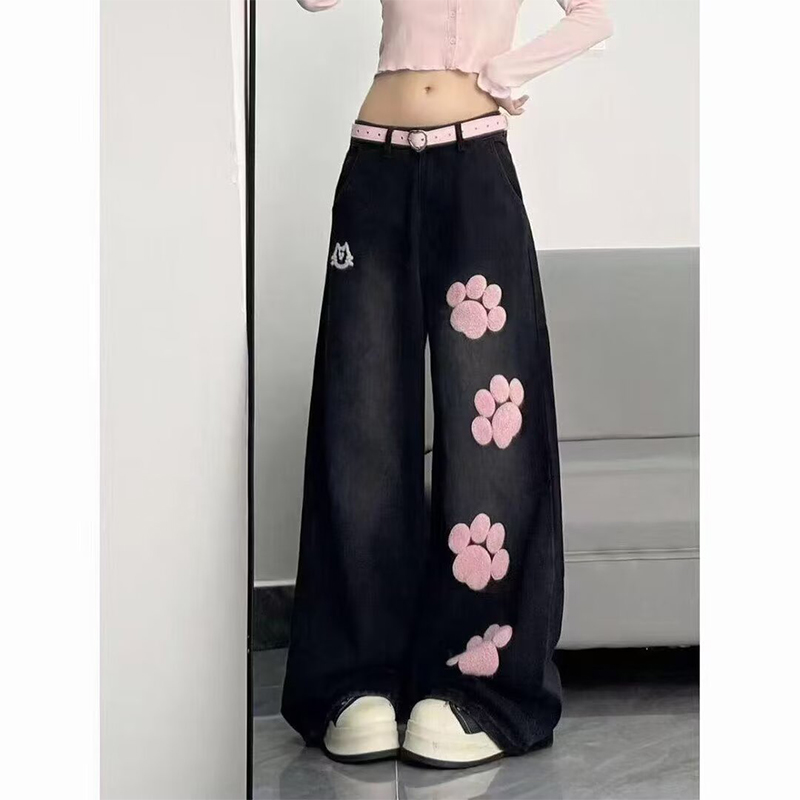 Jean baggy brodé bleu Y2K pour femme, style années 2000, pantalon boyfriend vintage Harajuku, jean oversize en denim pour l'été