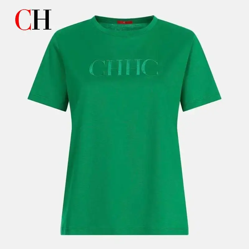 T-shirt élégant brodé de lettres CH 2026 en coton doux à manches courtes, col rond décontracté pour femme, idéal pour les tenues quotidiennes