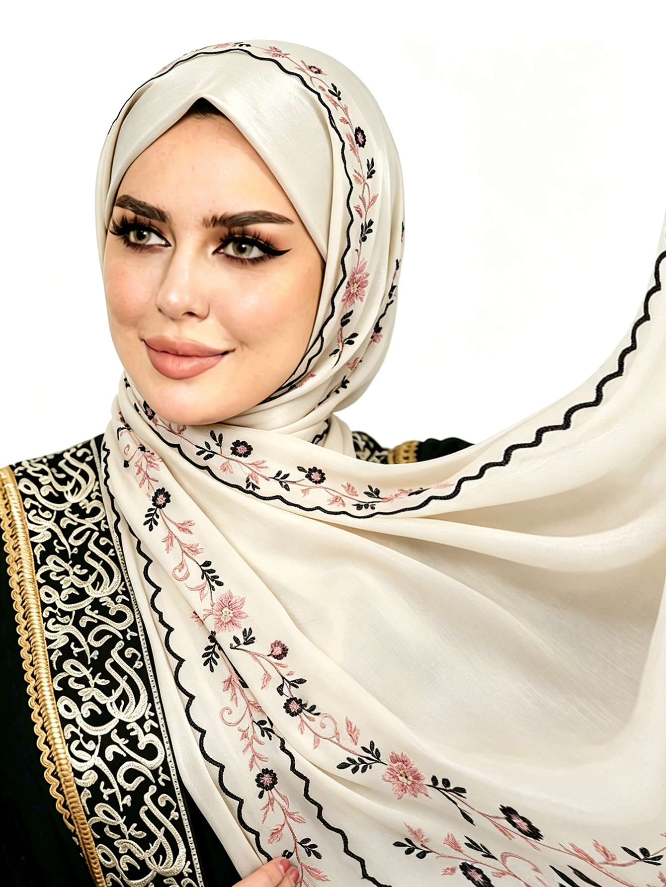 Hijab en Chiffon Brodé Floral avec Bord Ondulé, Écharpe pour Femmes Musulmanes, Voile Doux, Châle Islamique pour Dames