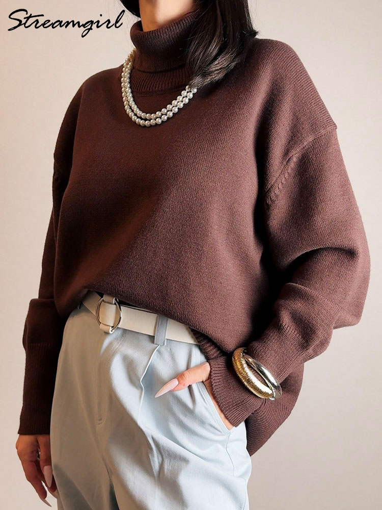 Hiver bordeaux pull femmes col roulé chaud pulls hauts en tricot marron pulls femmes surdimensionné épais basique femmes chandails