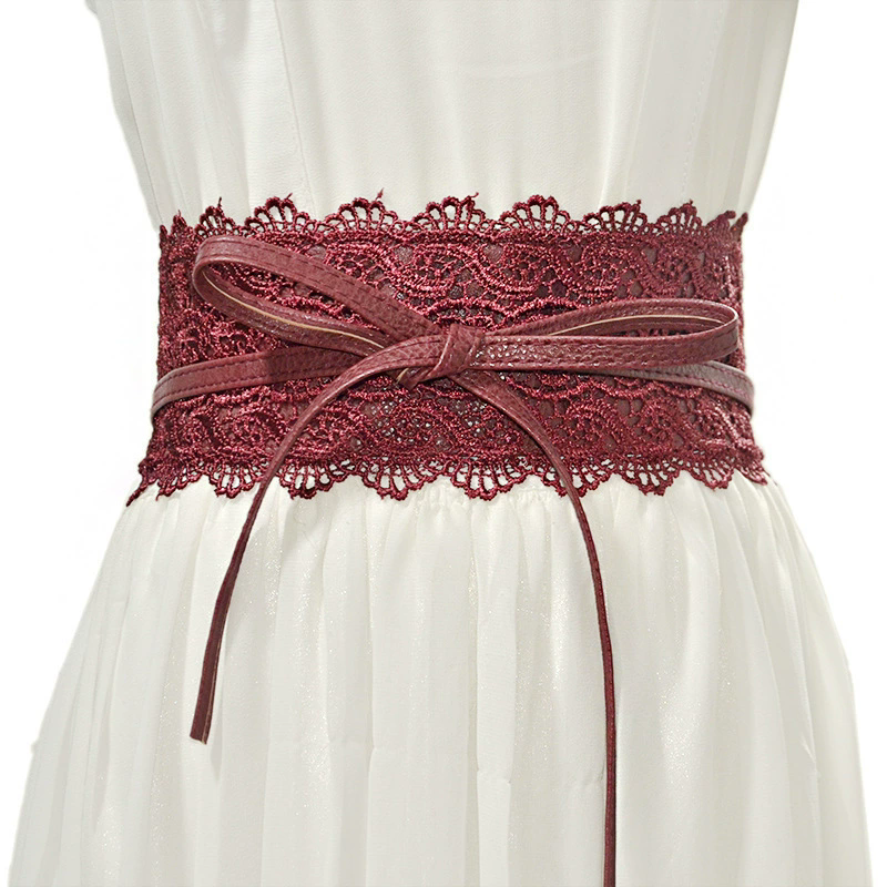 Ceinture large en dentelle avec nœud pour femme, en similicuir PU, rouge, noir, blanc, gris, bordeaux, pour robe de mariée, jupe, ceinture décorative