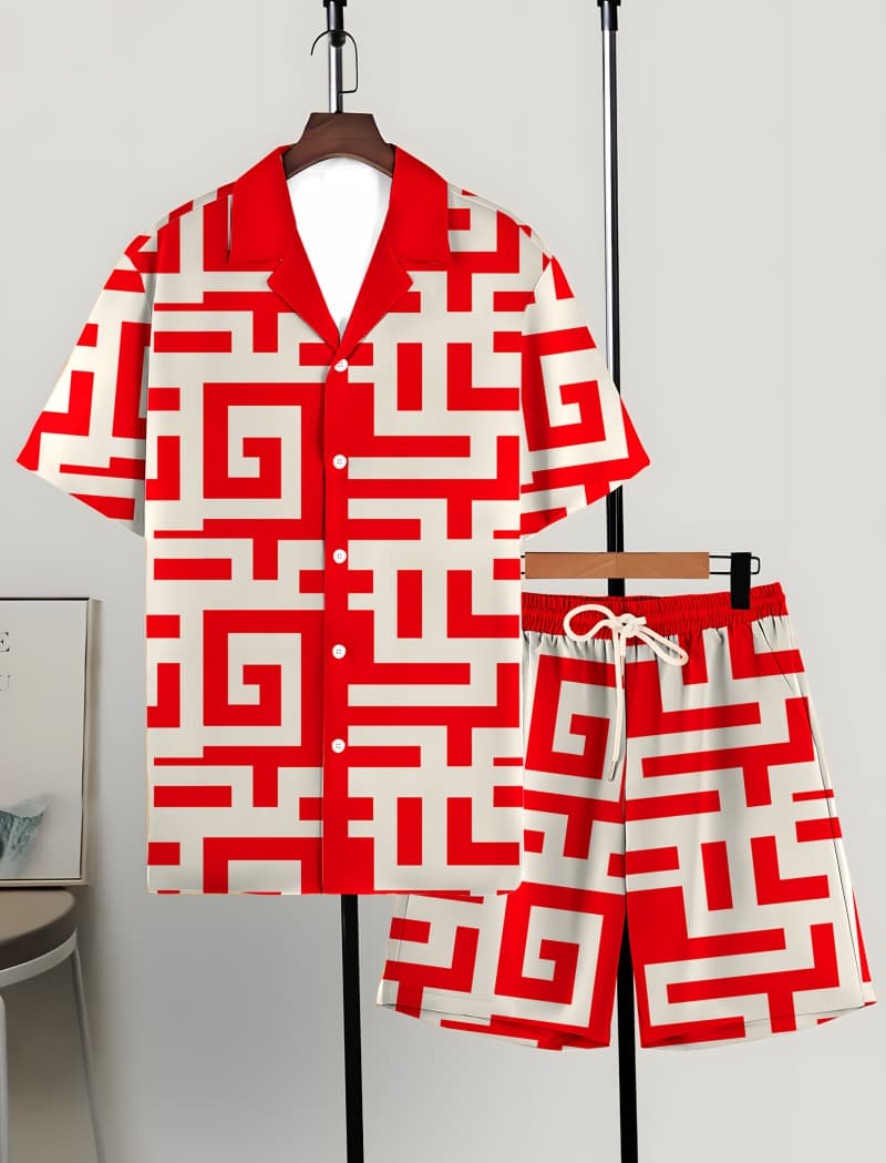 Ensemble classique deux pièces pour homme avec motifs imprimés, idéal pour les activités de plein air et l'esthétique urbaine moderne.