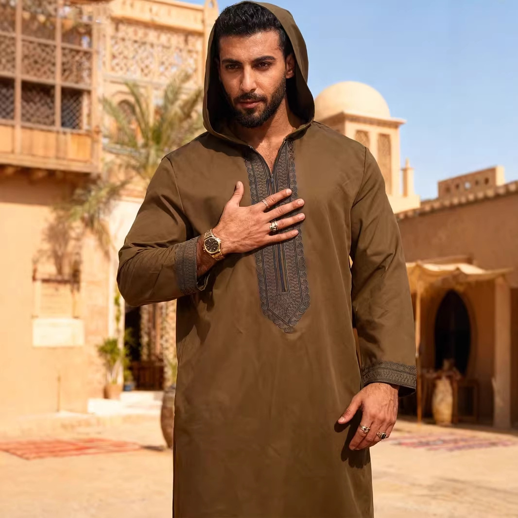 Robe longue pour homme, style Jubba Thobe, brodée, à capuche, Abayas, style Moyen-Orient, musulmane, unie, modeste, Maroc, Dubaï, avec empiècements, printemps, décontractée