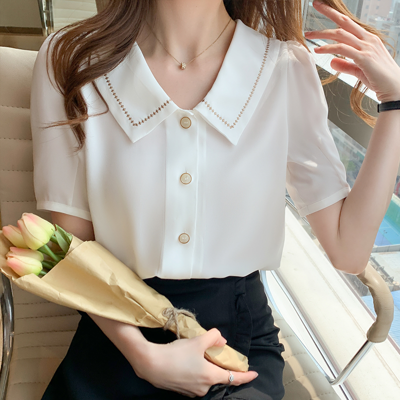 Chemisier en mousseline de soie à manches courtes pour femmes, chemise à col rabattu, chemisiers blancs d'été, E778, 2024