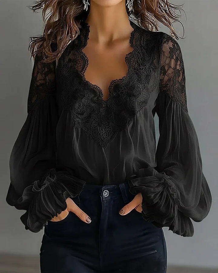 Nouvelle chemise femme 2026 à manches bouffantes en dentelle, blanche et noire, coupe ample, design plissé, confortable et polyvalente