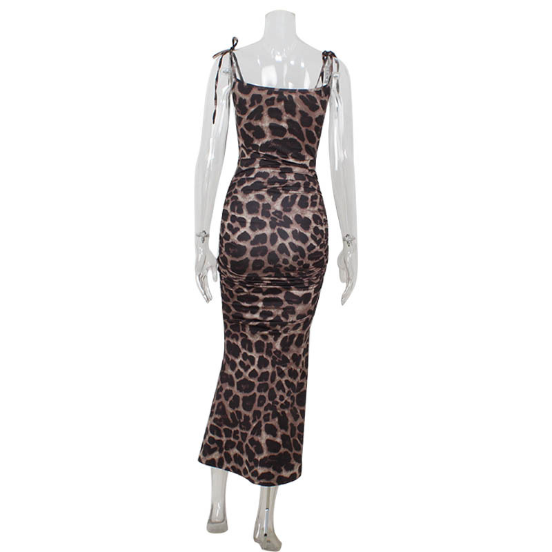 Robes imprimées léopard pour femmes, vêtements de fête Sexy, Spaghetti, fente latérale haute, col en v, coupe cintrée, sans manches, longues