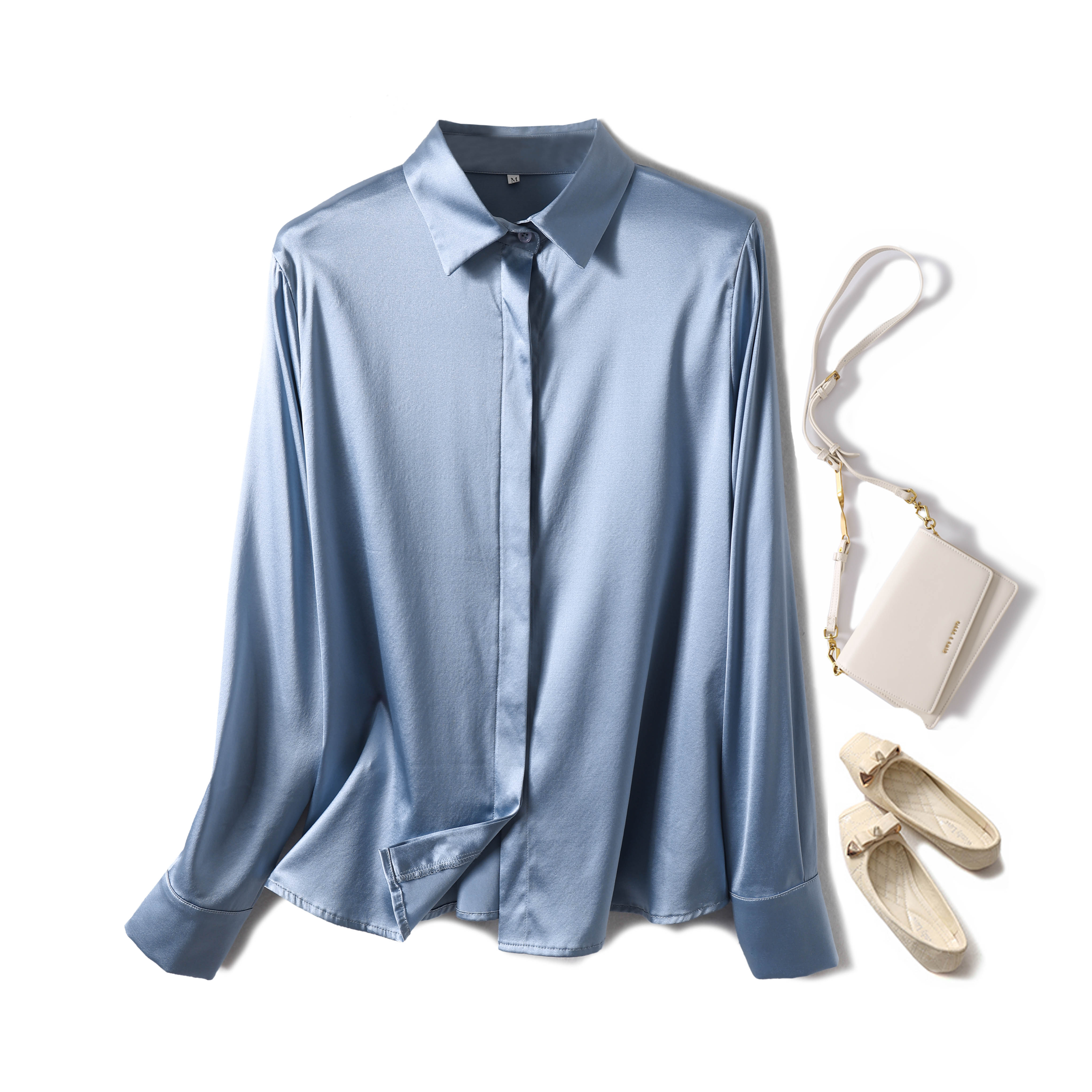Chemise en soie satinée de luxe pour femme, manches longues, 93% soie de mûrier, style bureau pour le printemps/été