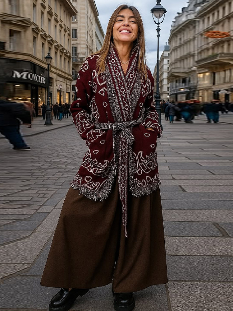 Cardigan en tricot imprimé Boho pour femmes, haut à franges, ceinture, pull à manches longues, manteau à lacets, nouvelle tenue d'extérieur de rue, 2025