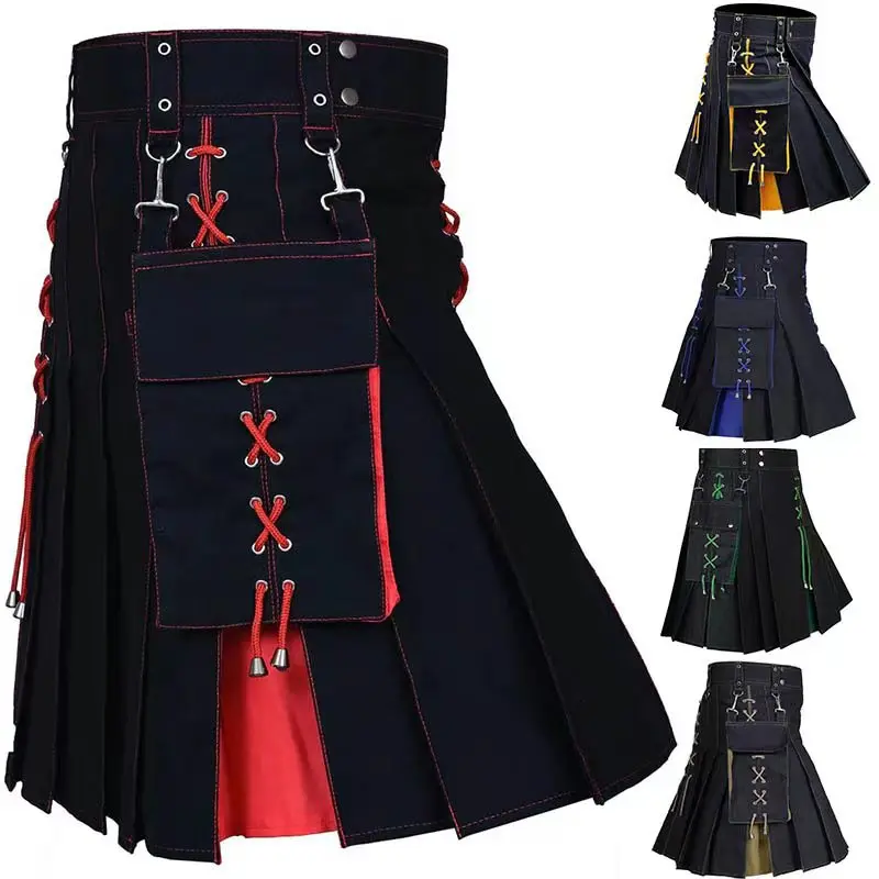 Kilt écossais traditionnel pour homme, plissé, avec sangles à boucles et poches cargo