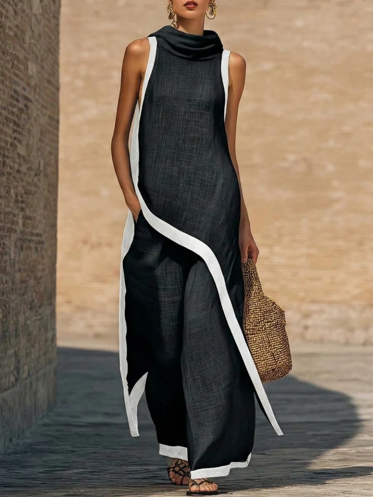 Ensemble deux pièces décontracté pour femme : haut asymétrique sans manches en lin contrastant et pantalon ample à jambes larges