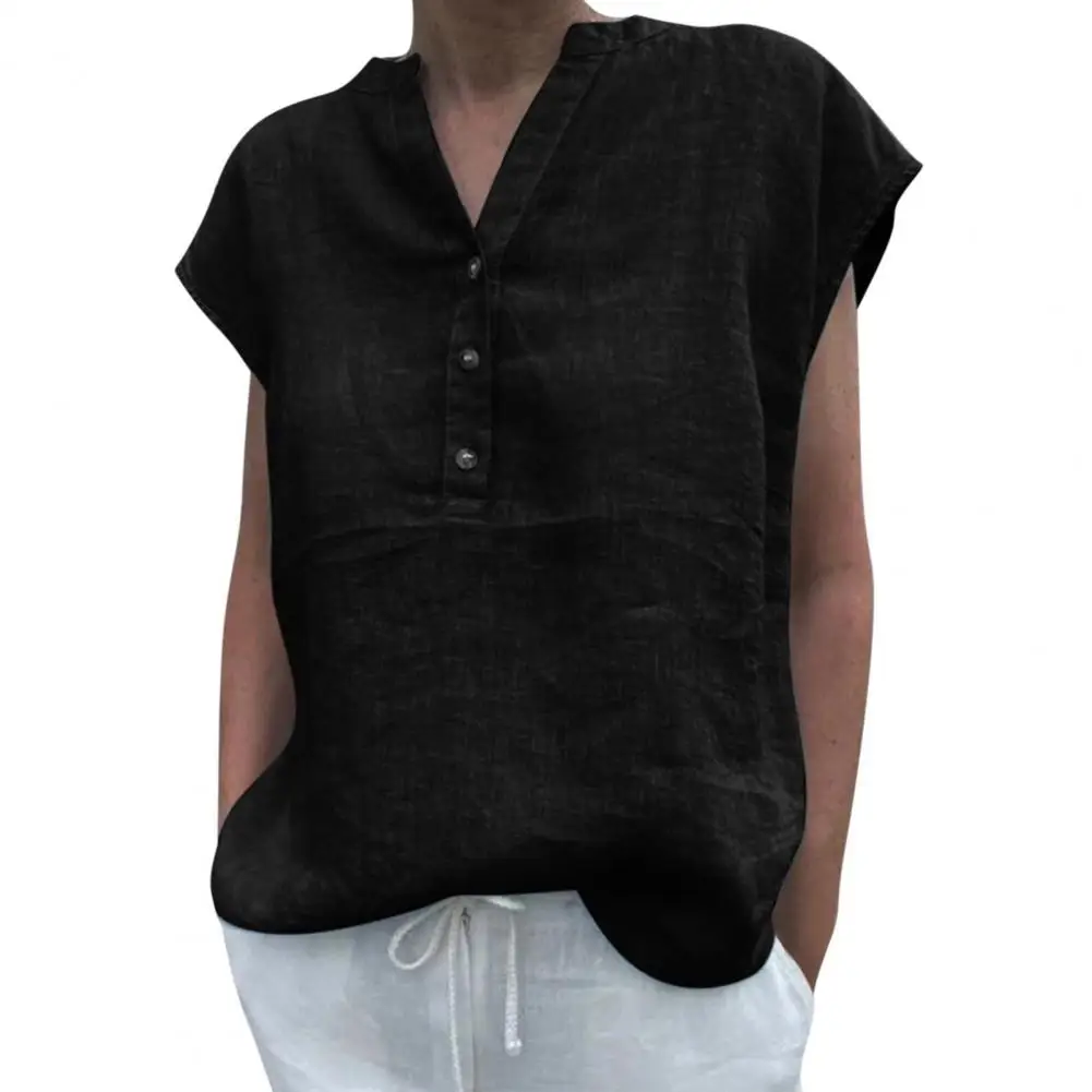 Femmes T-shirt coton lin été Blouse couleur unie Simple à manches courtes col en V séchage rapide vêtements quotidiens Ropa Mujer Blusas