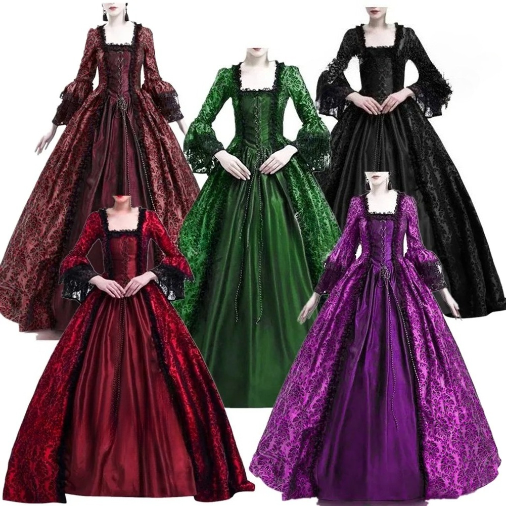 Robe longue vintage médiévale gothique pour femme, col carré, manches évasées, patchwork de dentelle, robe moulante